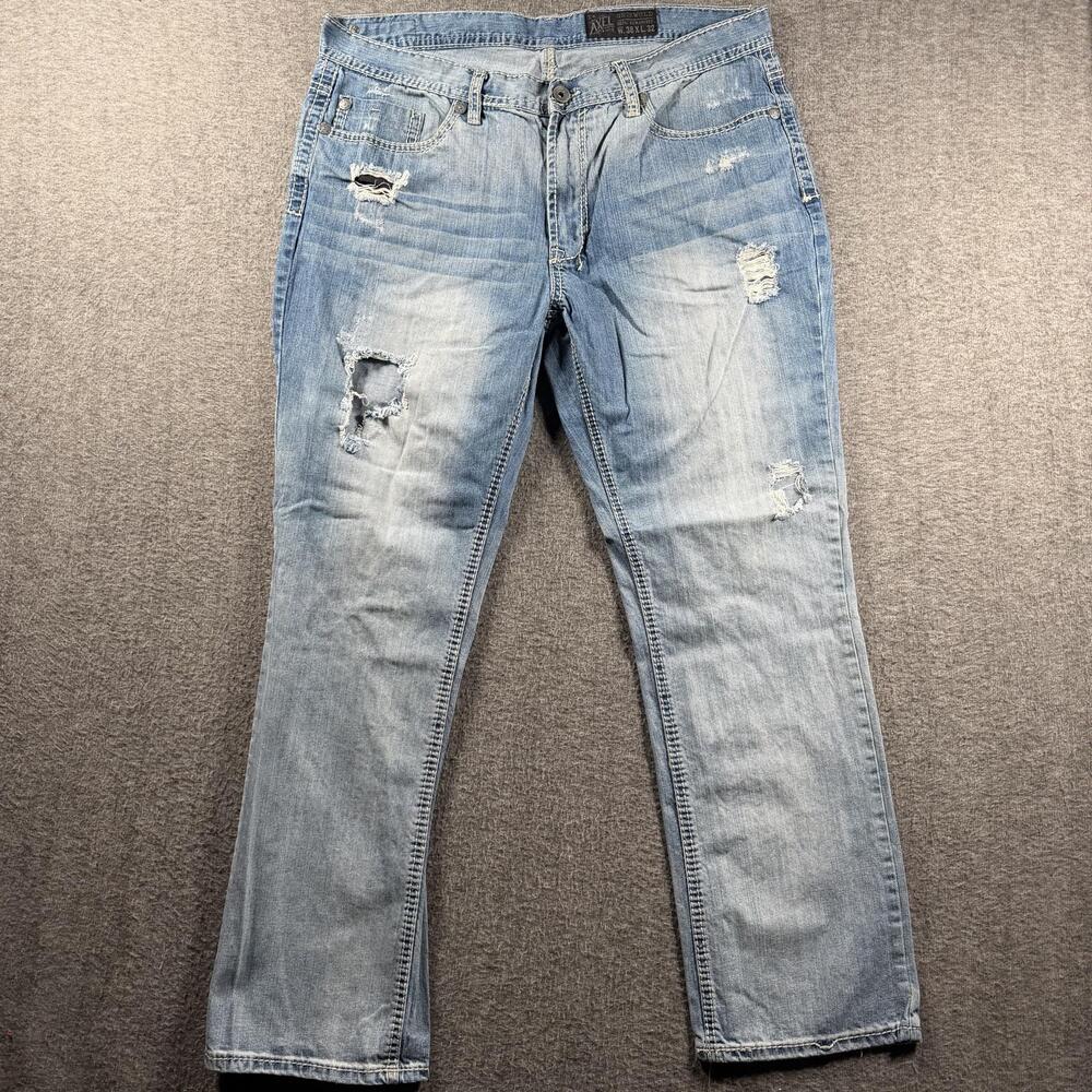 Axel Griswold Jeans Womens 38x32 Light Wash Blue Slim Straight Distressed Denim